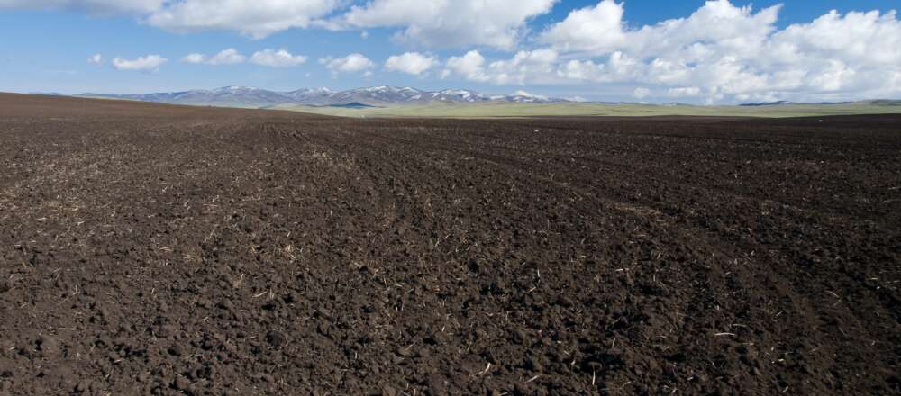 A tilled field with mountains in the distance and a cloudy blue sky.