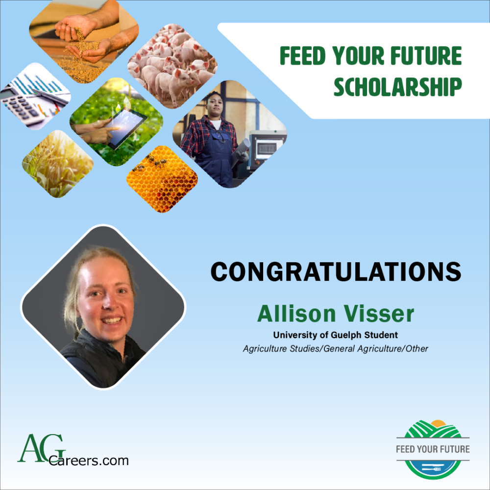 A promotional graphic announcing U of G agriculture student Allison Visser as the winner of the Feed Your Future Scholarship.