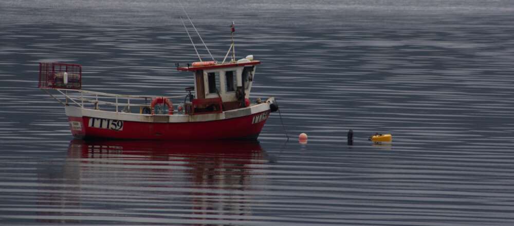 A small red and white fishing boat with fishing gear laid out in front of it sits in a body of water