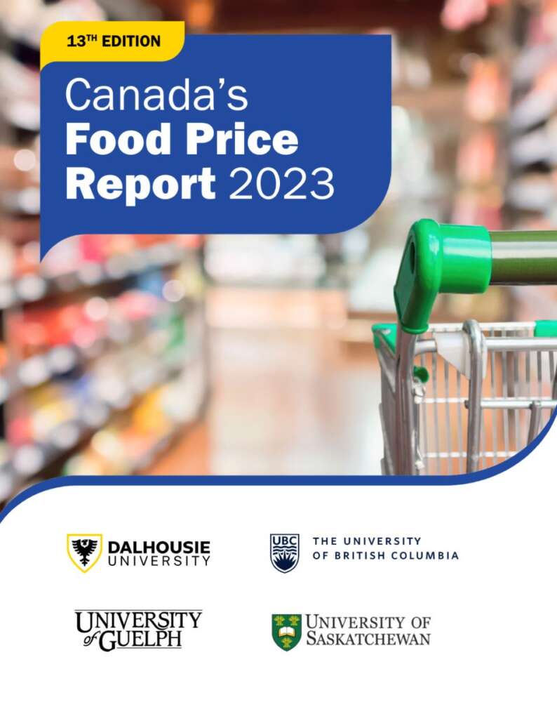 The cover of the 2022 Canada Food Price Report shows a grocery store shopping cart and the logos of the 4 universities involved