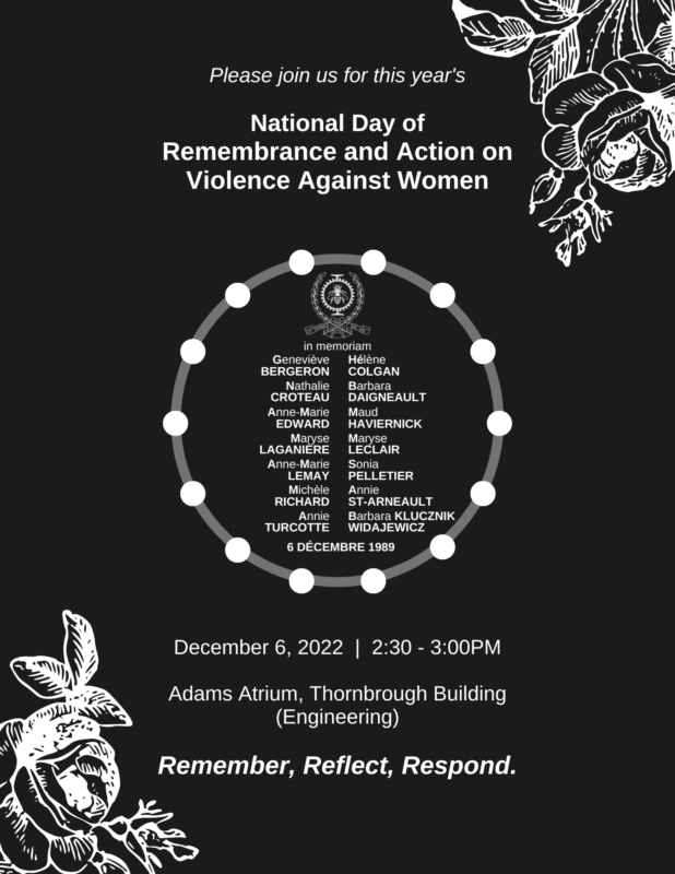 A black and white poster promoting U of G's annual National Day of Remembrance and Action on Violence Against Women vigil. 