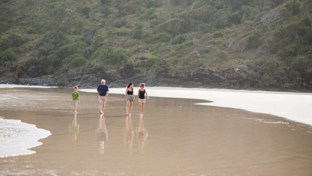 Four people walk along a beach