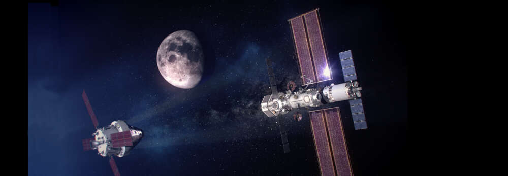 An artist's illustration of a spacecraft approaching the a space station with solar panel wings and Earth behind