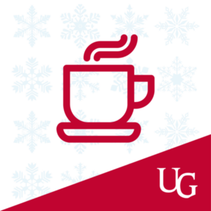 A graphic of a coffee mug with snowflakes in the background.