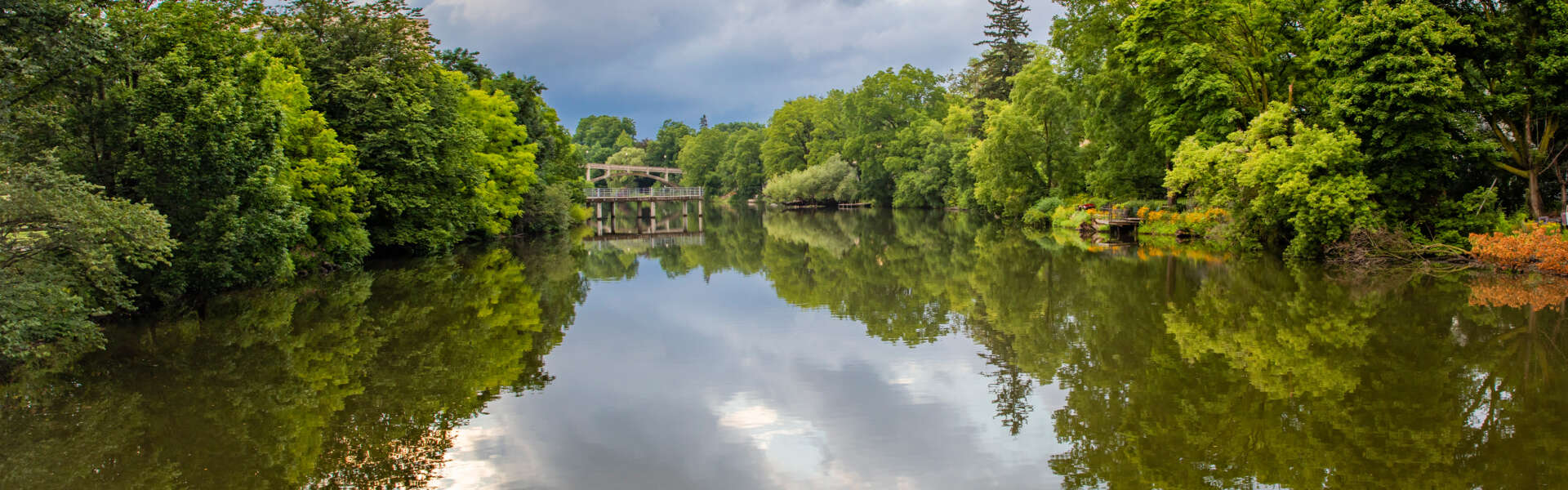 a wide vide of tree-lined river and the sky reflecting on still water