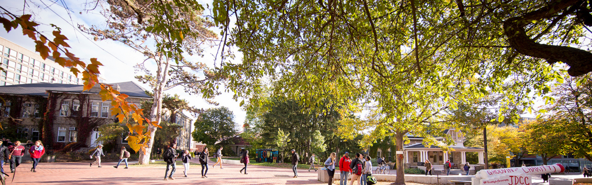 Students walk across Branion Plaza in fall.