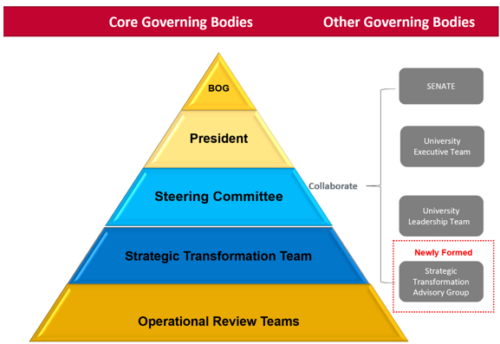 A pyramid structure illustrating the levels of governance across the university. 
