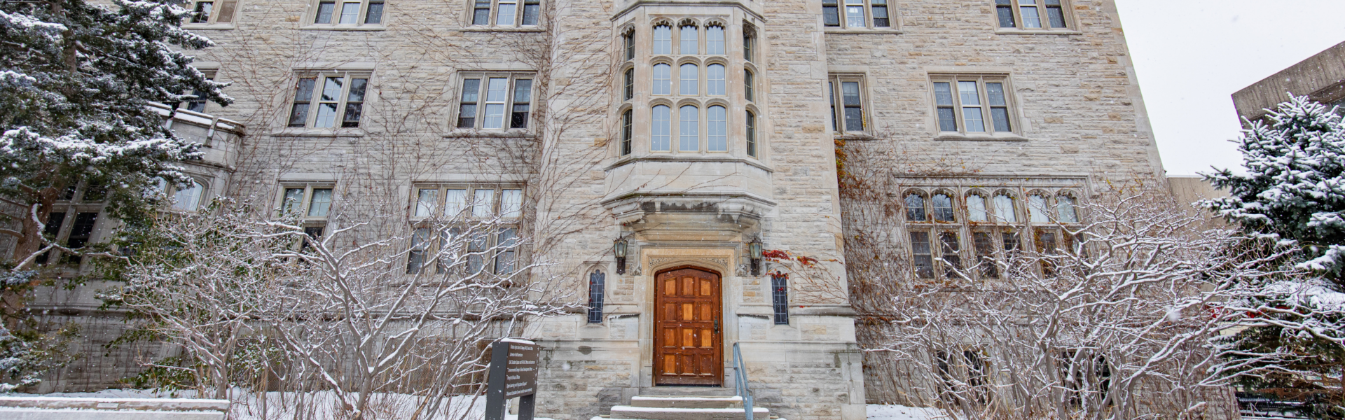 A partial shot of Johnston hall on a snowy day.