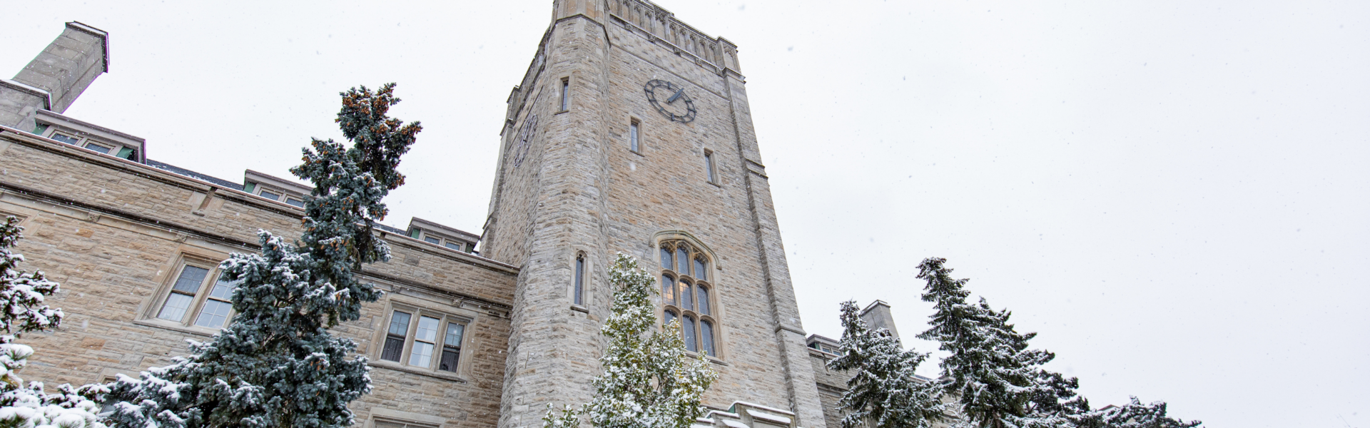 Looking up at Johnston Hall on a snowy day.