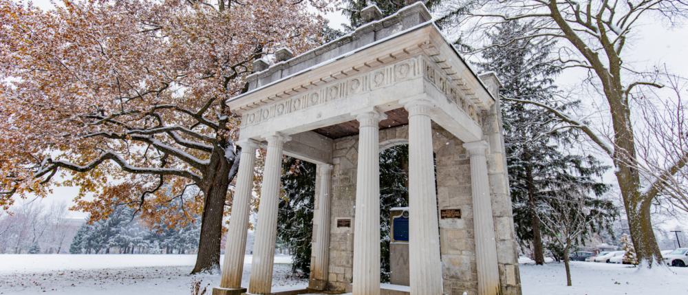 The U of G Portico on a snowy winter day.