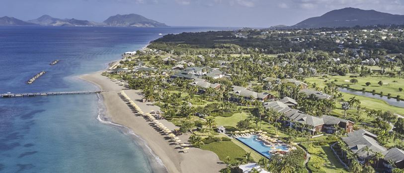 An aerial view of the beach at the KFour Seasons Resort in Nevis.