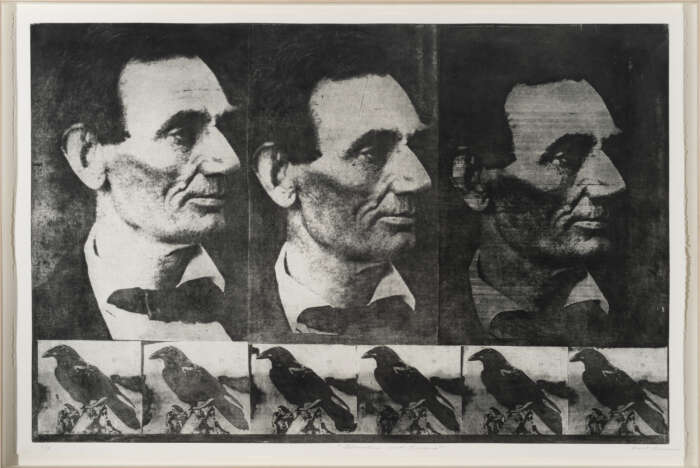 Black and white image, three large images of Abraham Lincoln that progressively become clearer and lighter in tone from right to left. Underneath, there is a second row of 6 smaller images of a crow.