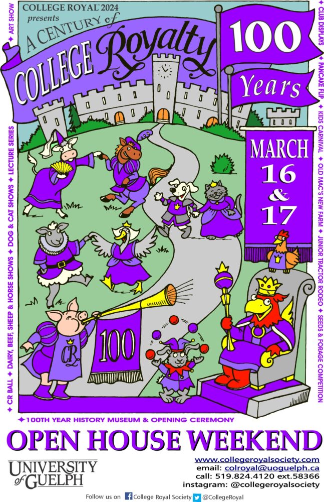College Royal event poster, promotional text reads "A Century of College Royalty, 100 years, March 16 & 17, Open House Weekend." Cartoon animals dressed in purple celebrate on field.