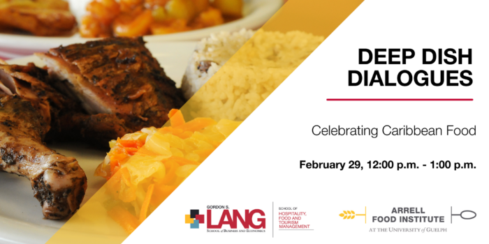 Deep Dish Dialogues. Celebrating Caribbean Food. February 29, 12 to 1 p.m. A plate of Jerk chicken and rice.