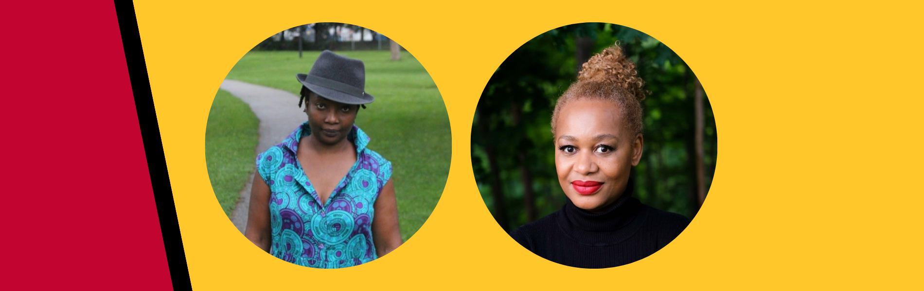 Headshots of Marsha Hinds Myrie and Nneka MacGregor cropped in circles on a yellow and red background.