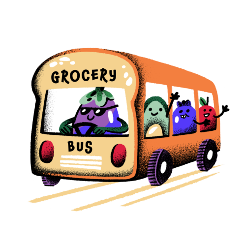 Human-like vegetables ride in a grocery bus shaped like a loaf of break.