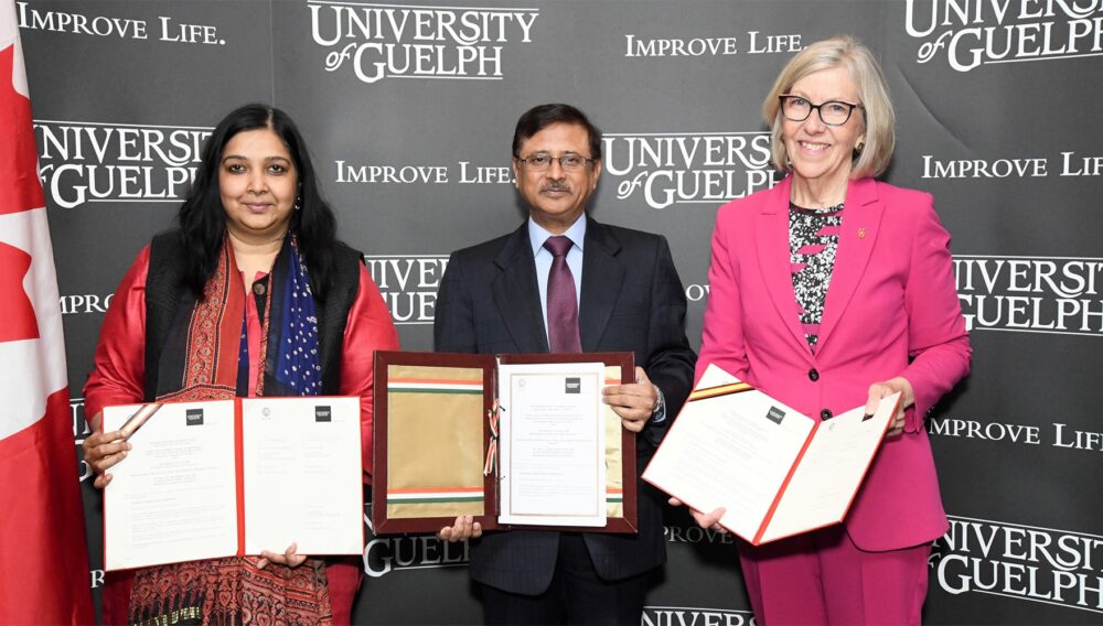 Apoorva Srivastava, consul general of India (Toronto), Sanjay Kumar Verma, high commissioner of India to Canada and U of G president Dr. Charlotte Yates announce a new visiting chair in Indian studies. 
