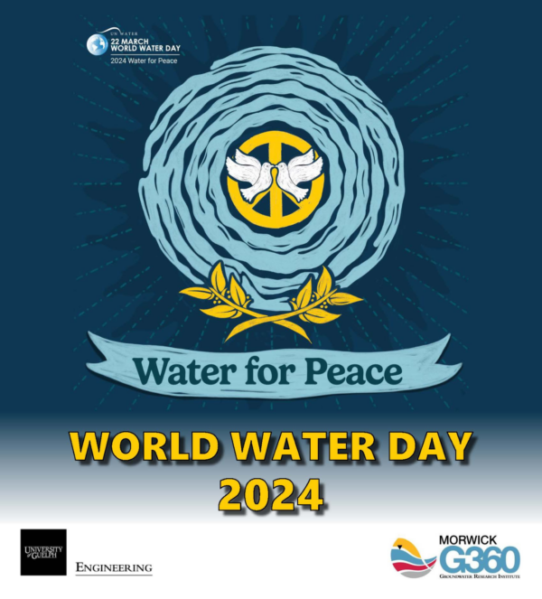 Two doves face each other over a peace symbol surrounded by a circle of water. Water for Peace. World Water Day 2024. Logos of U of G engineering, Morwick G360, and UN World Water Day.