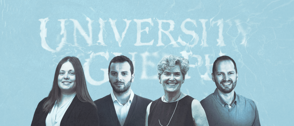 From left to right: Dr. Jana Levison, Dr. Ferdinando Manna, Dr. Beth Parker and Dr. Jonathan Munn against blue stylized water background. "University of Guelph" logo ripples behind their images.