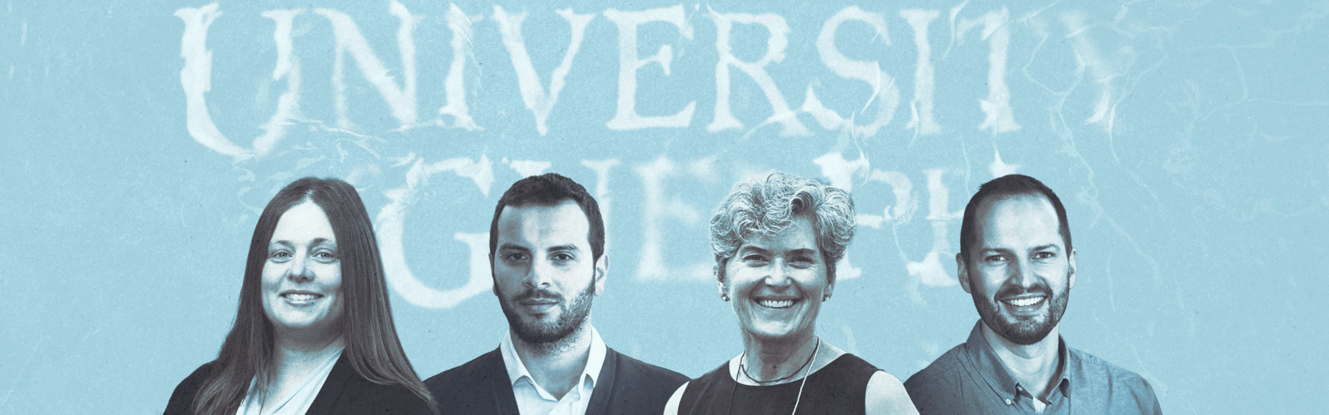 From left to right: Dr. Jana Levison, Dr. Ferdinando Manna, Dr. Beth Parker and Dr. Jonathan Munn against blue stylized water background. "University of Guelph" logo ripples behind their images.
