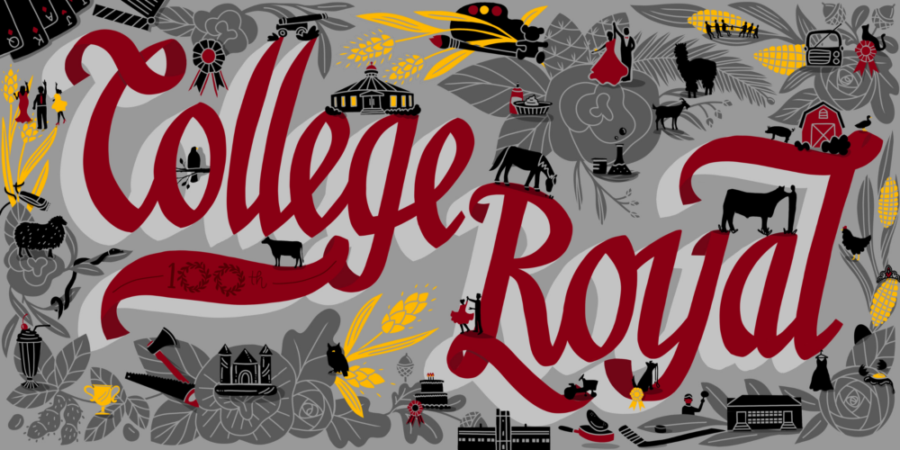 College Royal mural design concept, where "College Royal 100th" appears in stylized red lettering, surrounded by various icons, including foilage, buildings,  animals, and tools