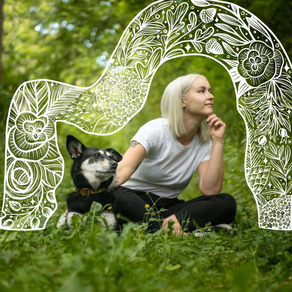 Shelby John, sitting on green field with dog. Artistic illustrations of icons arc above and around her