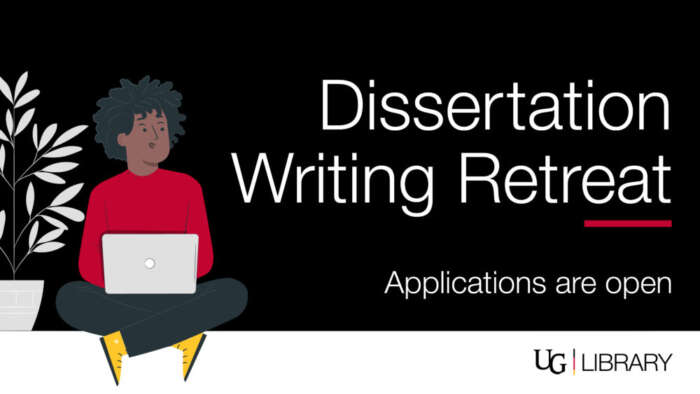 Dissertation Writing Retreat. Applications are open. U of G library. A person sits typing on their laptop.