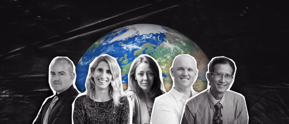 Five University of Guelph faculty members pose against stylized background of Earth against a black, plastic texture.