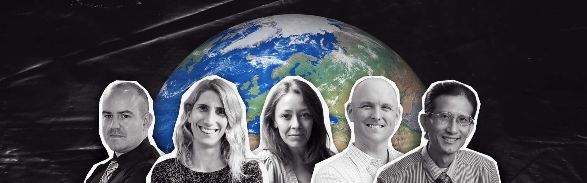 Five University of Guelph faculty members pose against stylized background of Earth against a black, plastic texture.