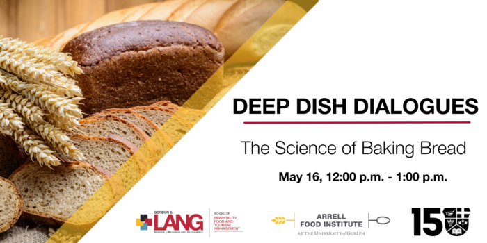 Deep Dish Dialogues. The Science of Baking Bread. May 16, 12 to 1 p.m. Logos of Gordon S. Lang School of Business and Economics, the Arrell Food Institute, and Ontario Agricultural College 150th anniversary. Photo of several loafs of bread and some wheat.