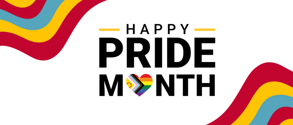 Happy Pride Month. The O in month is the inclusive pride flag in the shape of a heart.