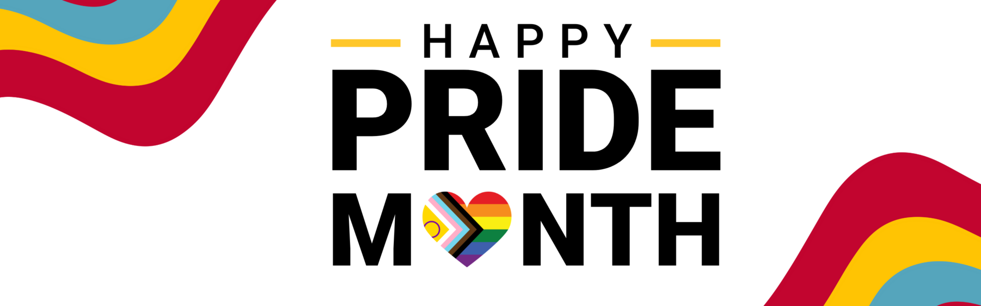 Happy Pride Month. The O in month is the inclusive pride flag in the shape of a heart.