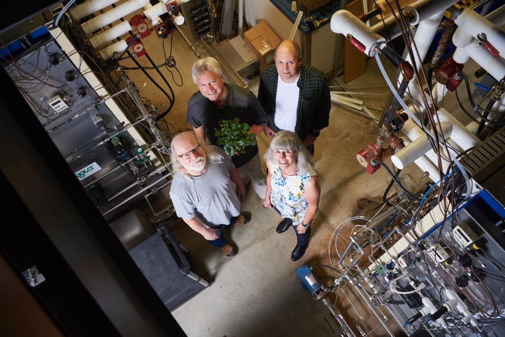 Aerial view of four researchers in Dr. Mike Dixon's lab surrounded by industrial equipment, Dixon is holding a strawberry plant.