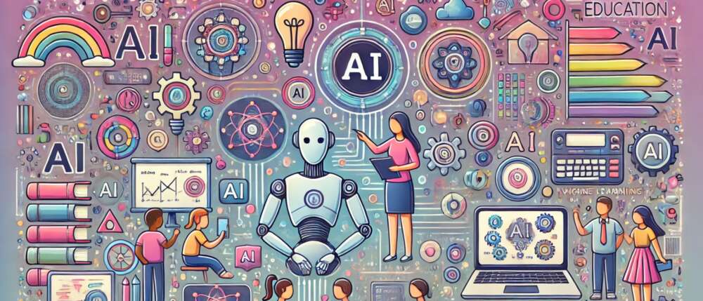 An illustrated collage of images related to AI, including a computer, a robot, and people.