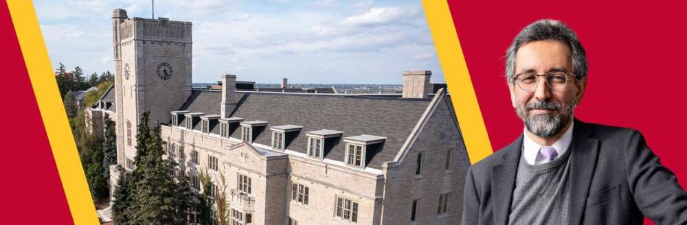 Dr. Mazyar Fallah imposed over a photo of Johnston Hall.