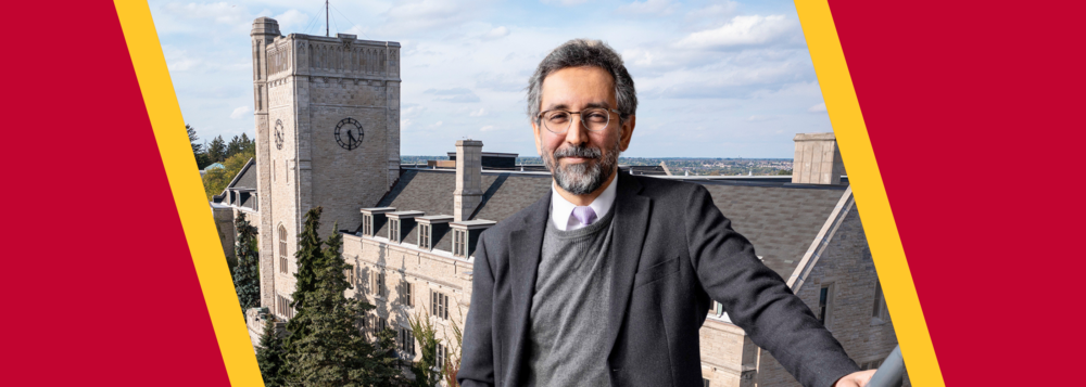 Dr. Mazyar Fallah imposed over a photo of Johnston Hall