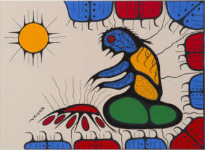 A painting by Richard Bedwash, a person kneels over steaming rocks in a sweat lodge. The work features bold black outlines and primary block colours.