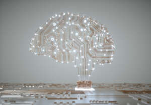 A two-dimensional brain made up of electrical circuits and lights.
