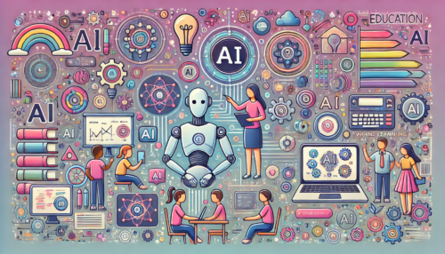 A composite image of many items related to AI, including a robot, a teacher, people talking , computer screens, gears, and more.