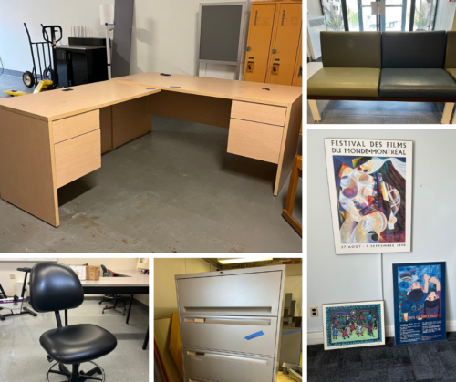 A collage of items from Furniture Swap, including a large corner desk, a black office chair, a filing cabinet, artwork, and a small loveseat.