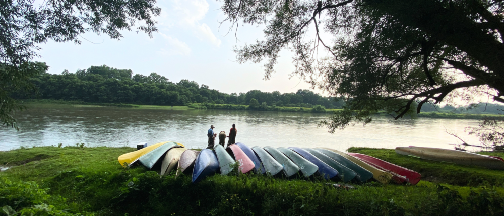 Rows of multi-coloured canoes set on grass, a river and a few canoests stand in the background