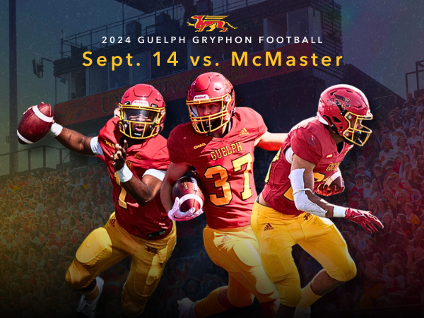 Sept. 14 vs. McMaster. 2024 Guelph Gryphon Football. Three football players in Gryphon uniforms as they play football.