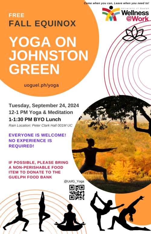 Fall Equinox Yoga on Johnston Green poster with the details in the event listing. Images of people doing yoga.