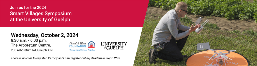 Poster with event details. A person kneels next to a drone and a farm field.