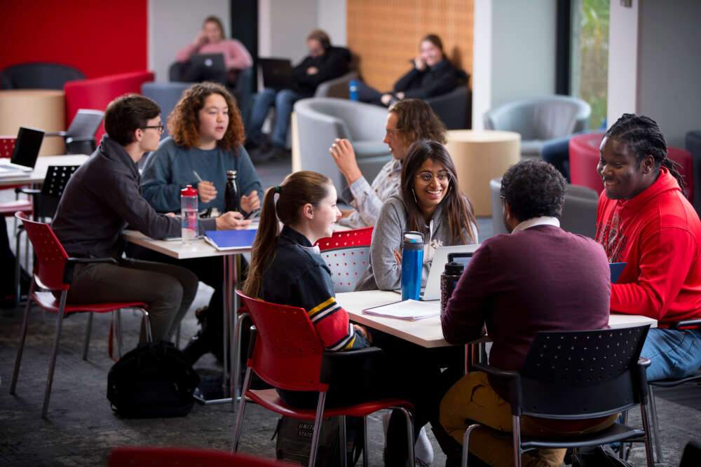 A diverse group of university students sit around a table in a modern lounge or common area, engaged in conversation and group work. The students appear focused and smiling, with some using laptops and notebooks. In the background, other students are sitting on lounge chairs, some working on laptops. The setting is bright and collaborative, with red and grey chairs and soft lighting, creating a welcoming academic environment