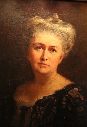 Painting of Adelaide Hoodless, a woman with grey hair done up in an updo.