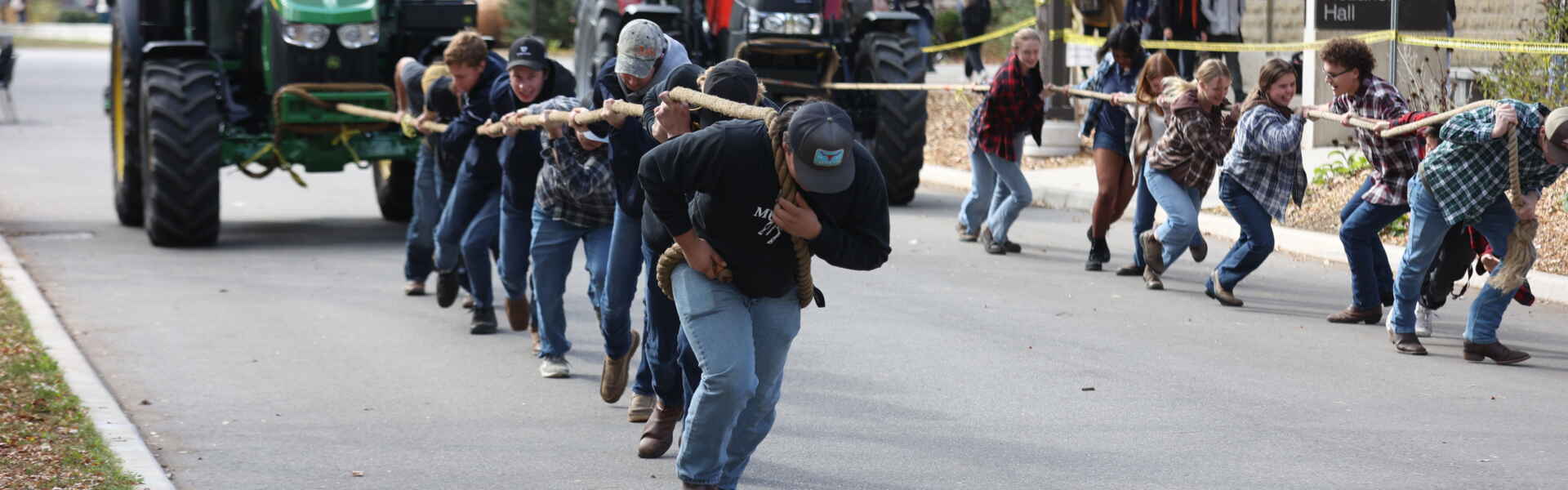 Two groups of students pull two different tractors by a rope on campus.