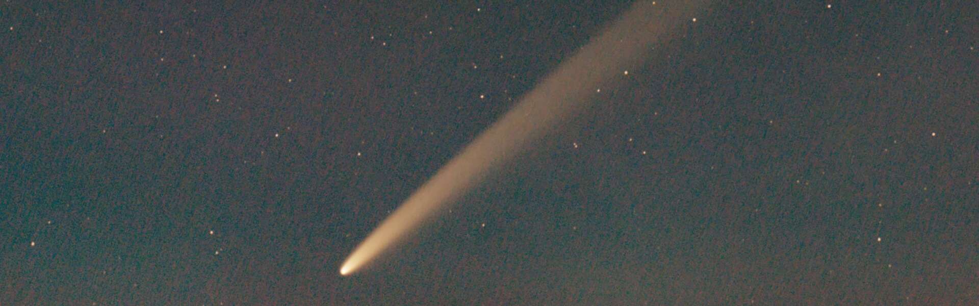 a comet streaks from the top right to bottom left corner of the night sky, bright against a dark background of stars