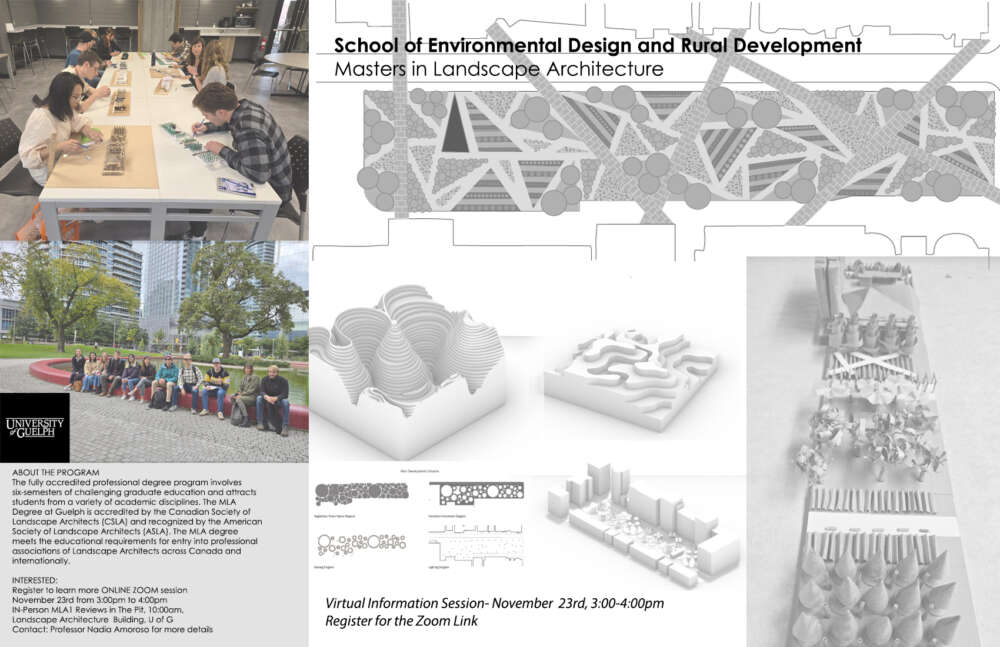 School of environmental design and rural development masters in landscape architecture. images of architectural plans, students working on models, and a group of students sitting outside on a curb.