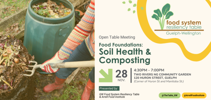 Food Foundations: Soil Health and Composting event details. A person puts compost into a compost barrel.